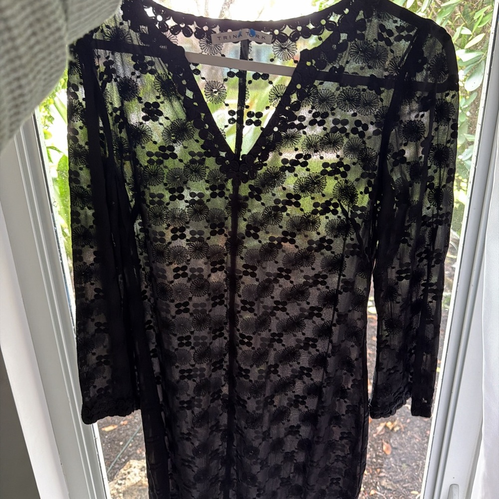 Trina Turk Black Sheer Lace Long Sleeve Dress